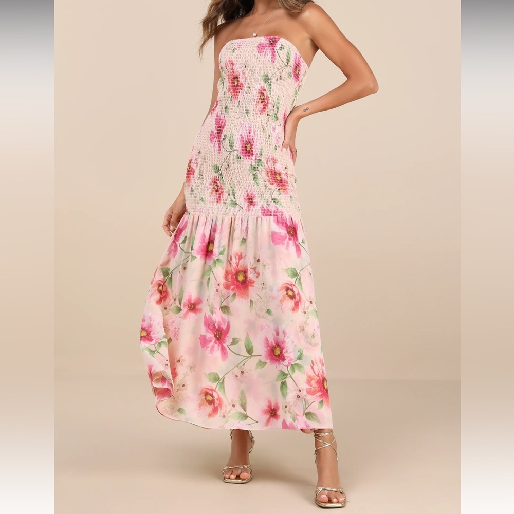 NWT Lulus Balbina beige floral maxi wedding guest dress
